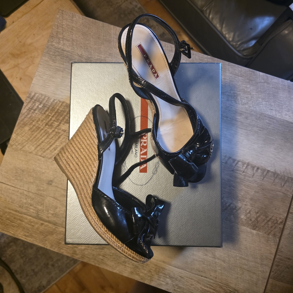 Prada Black Patent Leather Wedges